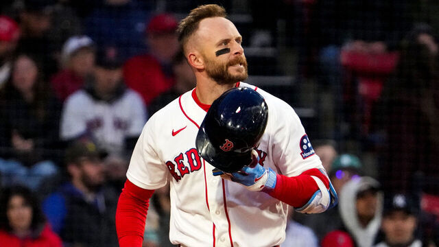 Boston, MA - April 22: Boston Red Sox shortstop Trevor Story strikes out in the first inning. The Boston Red Sox played the New York Yankees at Fenway Park on April 22, 2026.