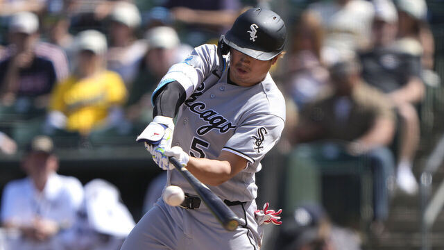 SACRAMENTO, CALIFORNIA - APRIL 18: Munetaka Murakami #5 of the Chicago White Sox hits a solo home run against the Athletics in the top of the seventh inning of a major league baseball game at Sutter Health Park on April 18, 2026 in Sacramento, California.
