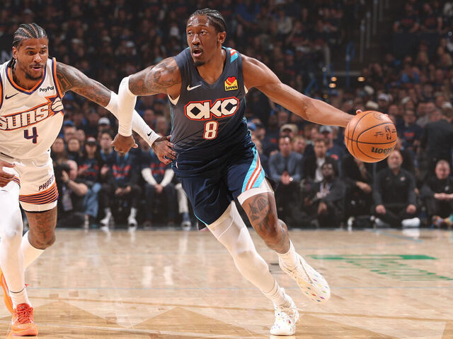 OKLAHOMA CITY, OK - APRIL 22: Jalen Williams #8 of the Oklahoma City Thunder dribbles the ball during the game against the Phoenix Suns during Round 1 Game 2 of the 2026 NBA Playoffs on April 22, 2026 at Paycom Center in Oklahoma City, Oklahoma. Mandatory Copyright Notice: Copyright 2026 NBAE