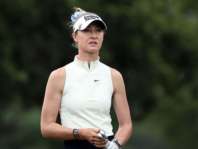 HOUSTON, TEXAS - APRIL 23: Nelly Korda of the United States looks on from the fourth hole during the first round of The Chevron Championship 2026 at Memorial Park Golf Course on April 23, 2026 in Houston, Texas.