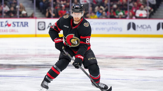 OTTAWA, CANADA - APRIL 5: Jake Sanderson #85 of the Ottawa Senators skates against the Carolina Hurricanes on April 5, 2026 at Canadian Tire Centre in Ottawa, Ontario, Canada.