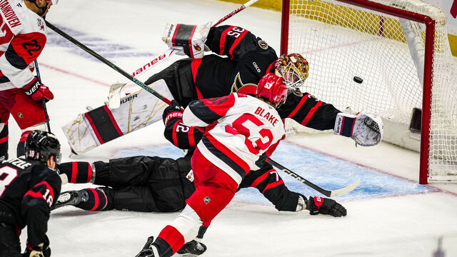 OTTAWA, CANADA - APRIL 23: Jackson Blake #53 of the Carolina Hurricanes scores a goal against Linus Ullmark #35 of the Ottawa Senators during the second period in Game Three of the First Round of the 2026 Stanley Cup Playoffs at Canadian Tire Centre on April 23, 2026 in Ottawa, Ontario, Canada.