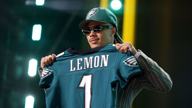 PITTSBURGH, PENNSYLVANIA - APRIL 23: Makai Lemon of USC celebrates after being selected twentieth overall pick by the Philadelphia Eagles during Round One of the 2026 NFL Draft at Acrisure Stadium on April 23, 2026 in Pittsburgh, Pennsylvania.