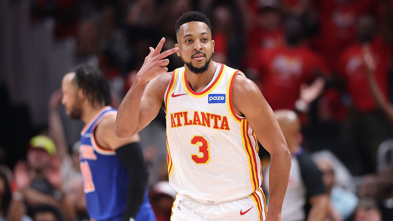 ATLANTA, GEORGIA - APRIL 23: CJ McCollum #3 of the Atlanta Hawks reacts after a three-point basket against the New York Knicks during the second quarter of game three of the Eastern Conference first round playoffs at State Farm Arena on April 23, 2026 in Atlanta, Georgia.