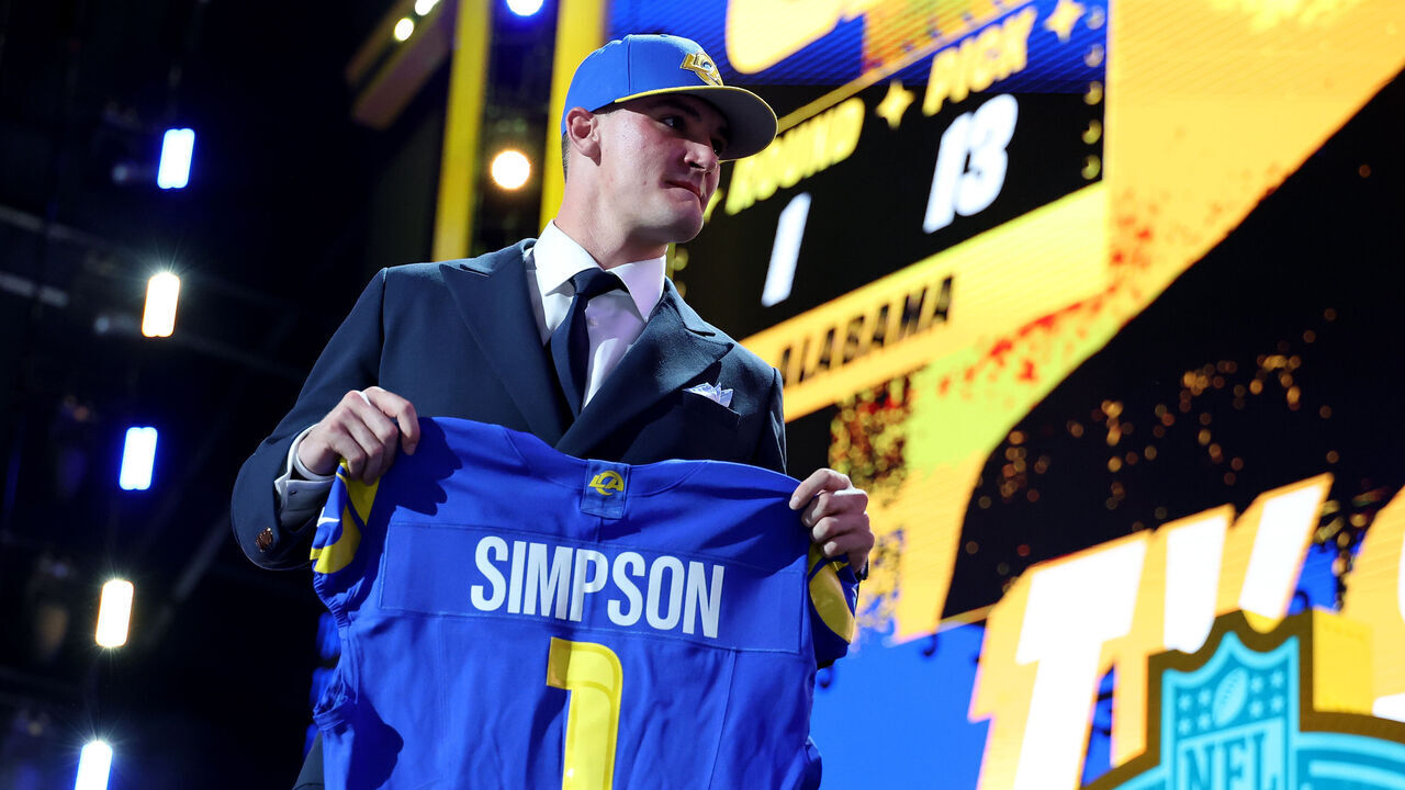 PITTSBURGH, PENNSYLVANIA - APRIL 23: Ty Simpson of Alabama celebrates after being selected thirteenth overall pick by the Los Angeles Rams during Round One of the 2026 NFL Draft at Acrisure Stadium on April 23, 2026 in Pittsburgh, Pennsylvania.
