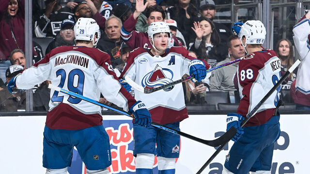 LOS ANGELES, CA - APRIL 23: Cale Makar #8 of the Colorado Avalanche celebrates his goal with teammates during the second period against the Los Angeles Kings in Game Three of the First Round of the 2026 Stanley Cup Playoffs at Crypto.com Arena on April 23, 2026 in Los Angeles, California.