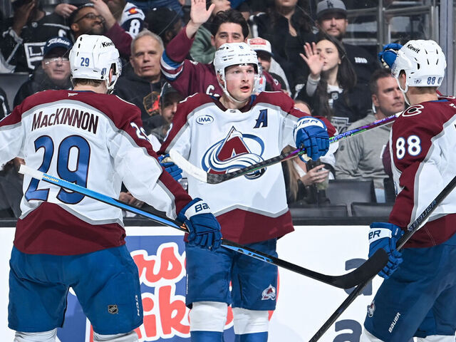 LOS ANGELES, CA - APRIL 23: Cale Makar #8 of the Colorado Avalanche celebrates his goal with teammates during the second period against the Los Angeles Kings in Game Three of the First Round of the 2026 Stanley Cup Playoffs at Crypto.com Arena on April 23, 2026 in Los Angeles, California.
