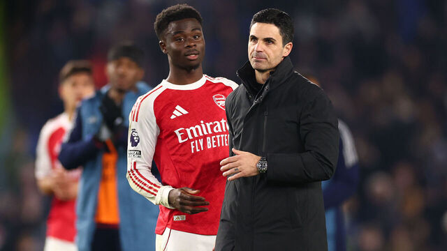 BRIGHTON, ENGLAND - MARCH 4: Arsenal Manager Mikel Arteta with Bukayo Saka after the 0-1 win during the Premier League match between Brighton & Hove Albion and Arsenal at Amex Stadium on March 4, 2026 in Brighton, United Kingdom.