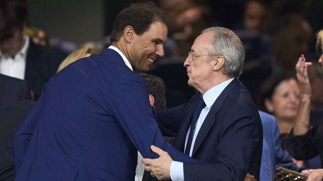 MADRID, SPAIN - SEPTEMBER 17: Rafa Nadal and Florentino Perez President of Real Madrid CF salutes prior the game during the LaLiga EA Sports match between Real Madrid CF and Real Sociedad at Estadio Santiago Bernabeu on September 17, 2023 in Madrid, Spain.