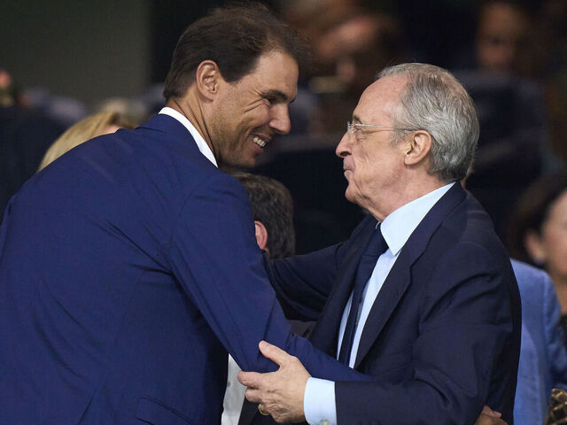MADRID, SPAIN - SEPTEMBER 17: Rafa Nadal and Florentino Perez President of Real Madrid CF salutes prior the game during the LaLiga EA Sports match between Real Madrid CF and Real Sociedad at Estadio Santiago Bernabeu on September 17, 2023 in Madrid, Spain.
