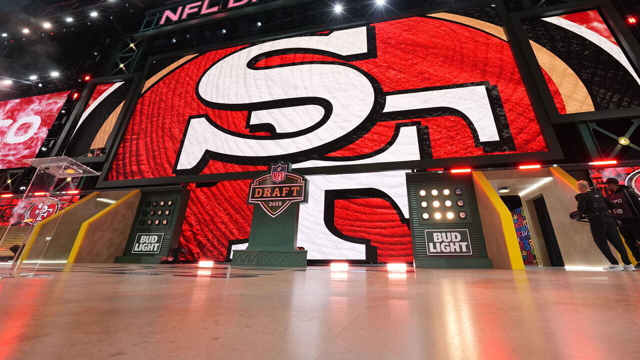 GREEN BAY, WISCONSIN - APRIL 24: A general view of the video board on stage with the San Francisco 49ers 11th pick during the first round of the 2025 NFL Draft on April 24, 2025 in Green Bay, Wisconsin.