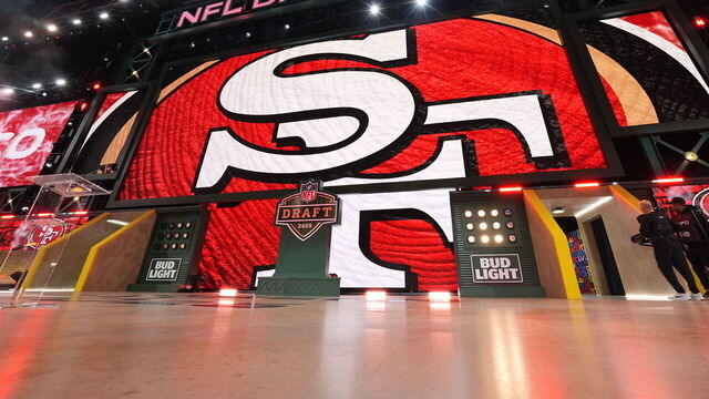 GREEN BAY, WISCONSIN - APRIL 24: A general view of the video board on stage with the San Francisco 49ers 11th pick during the first round of the 2025 NFL Draft on April 24, 2025 in Green Bay, Wisconsin.