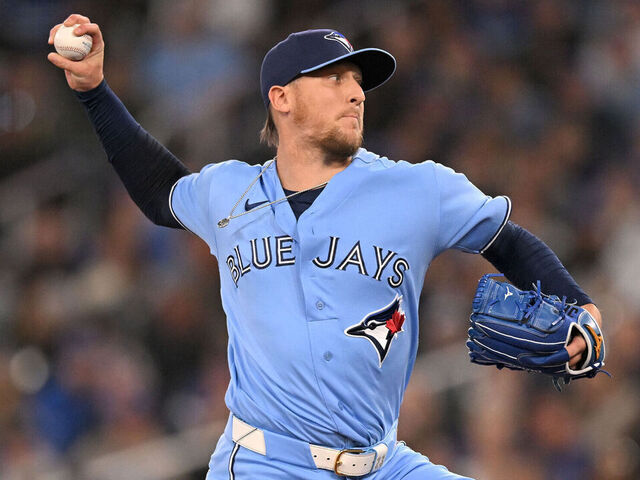 TORONTO, ON - APRIL 08: Toronto Blue Jays relief pitcher Jeff Hoffman (23) delivers a pitch during a MLB game between the Toronto Blue Jays and Los Angeles Dodgers on April 8, 2026, at Rogers Centre in Toronto, ON, Canada.