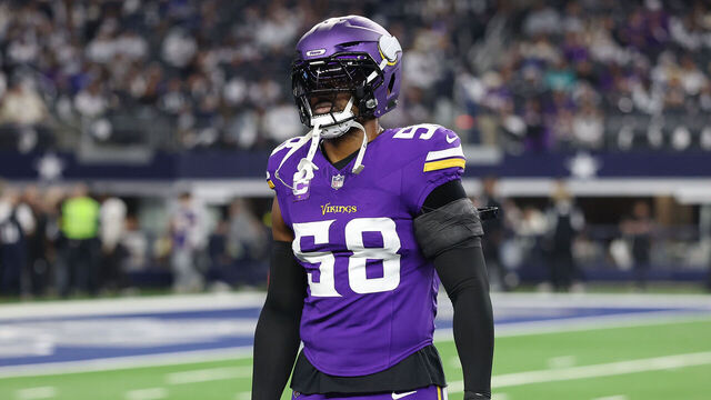 ARLINGTON, TEXAS - DECEMBER 14: Jonathan Greenard #58 of the Minnesota Vikings participates in warmups prior to a game against the Dallas Cowboys at AT&T Stadium on December 14, 2025 in Arlington, Texas.