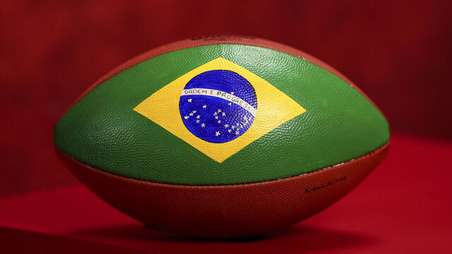 KANSAS CITY, MISSOURI - JUNE 16: A detail view of the national flag of Brazil painted onto a game ball at The University of Kansas Health System Training Complex on June 16, 2025 in Kansas City, Missouri.