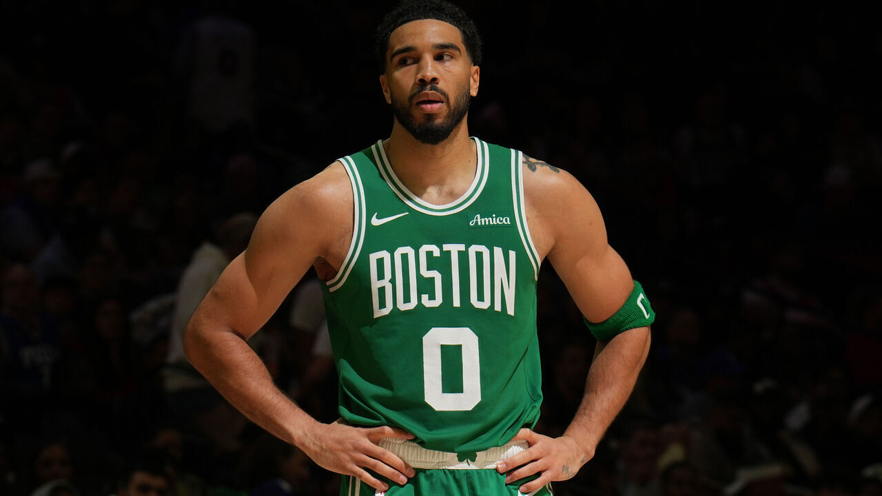 PHILADELPHIA, PA - APRIL 24: Jayson Tatum #0 of the Boston Celtics looks on during the game against the Philadelphia 76ers during Round 1 Game 3 of the 2026 NBA Playoffs on April 24, 2026 at the Wells Fargo Center in Philadelphia, Pennsylvania NOTE TO USER: User expressly acknowledges and agrees that, by downloading and/or using this Photograph, user is consenting to the terms and conditions of the Getty Images License Agreement. Mandatory Copyright Notice: Copyright 2026 NBAE