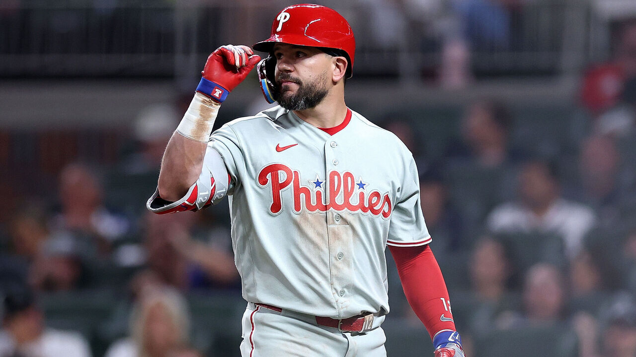 ATLANTA, GEORGIA - APRIL 24: Kyle Schwarber #12 of the Philadelphia Phillies reacts after striking out in the ninth inning against the Atlanta Braves at Truist Park on April 24, 2026 in Atlanta, Georgia.