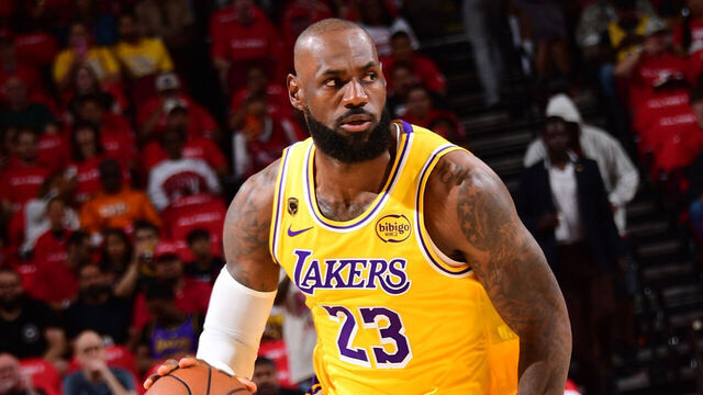 HOUSTON, TX - APRIL 24: LeBron James #23 of the Los Angeles Lakers dribbles the ball during the game against the Houston Rockets during Round 1 Game 3 of the 2026 NBA Playoffs on April 24, 2026 at the Toyota Center in Houston, Texas. Mandatory Copyright Notice: Copyright 2026 NBAE