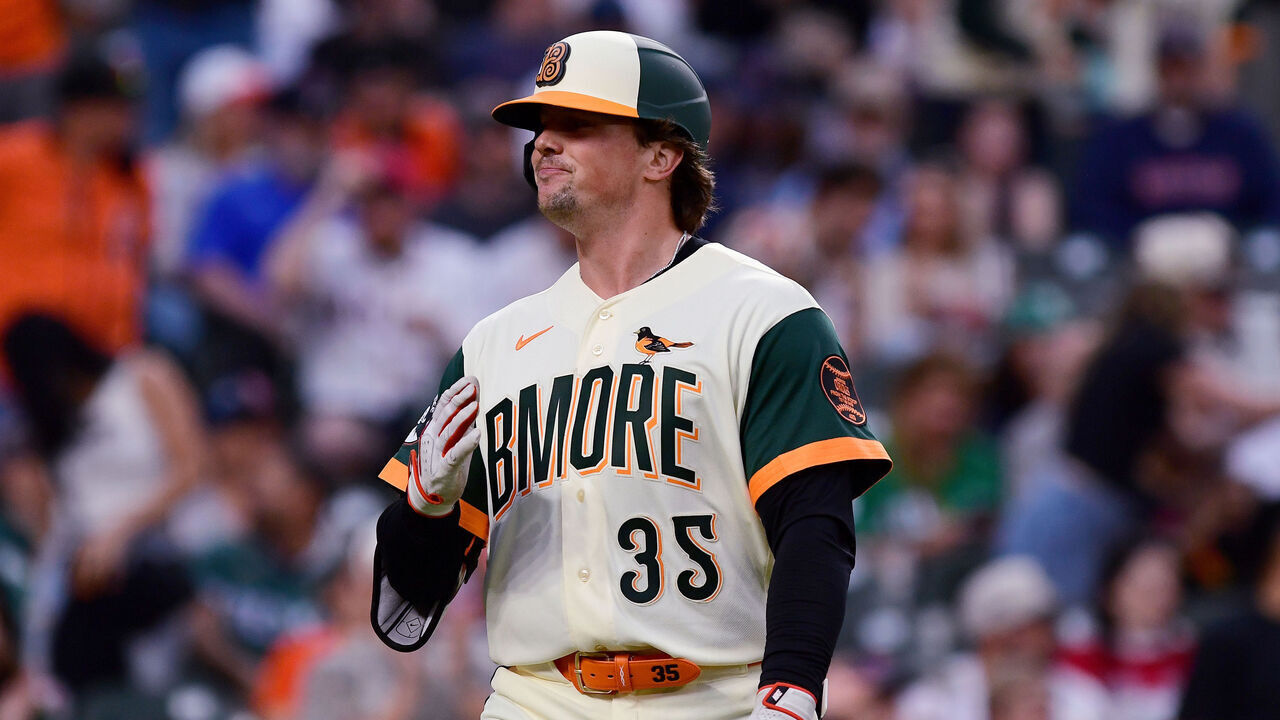 BALTIMORE, MD - APRIL 24: Orioles catcher Adley Rutschman (35) celebrates after his first home run of the game during the Boston Red Sox versus Baltimore Orioles Major League Baseball (MLB) game on April 24, 2026 at Orioles Park at Camden Yards in Baltimore, MD.