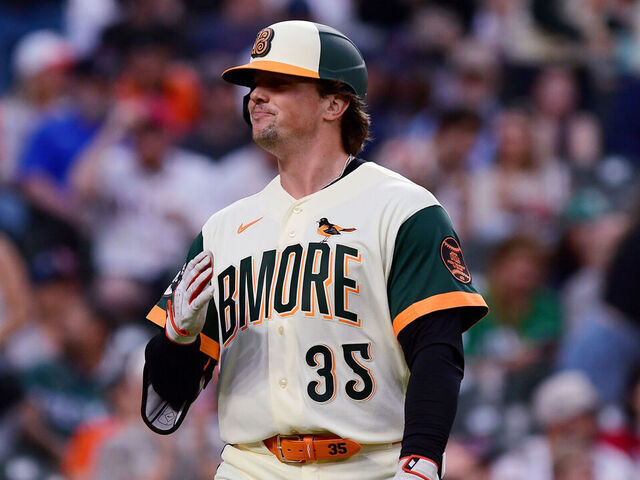 BALTIMORE, MD - APRIL 24: Orioles catcher Adley Rutschman (35) celebrates after his first home run of the game during the Boston Red Sox versus Baltimore Orioles Major League Baseball (MLB) game on April 24, 2026 at Orioles Park at Camden Yards in Baltimore, MD.