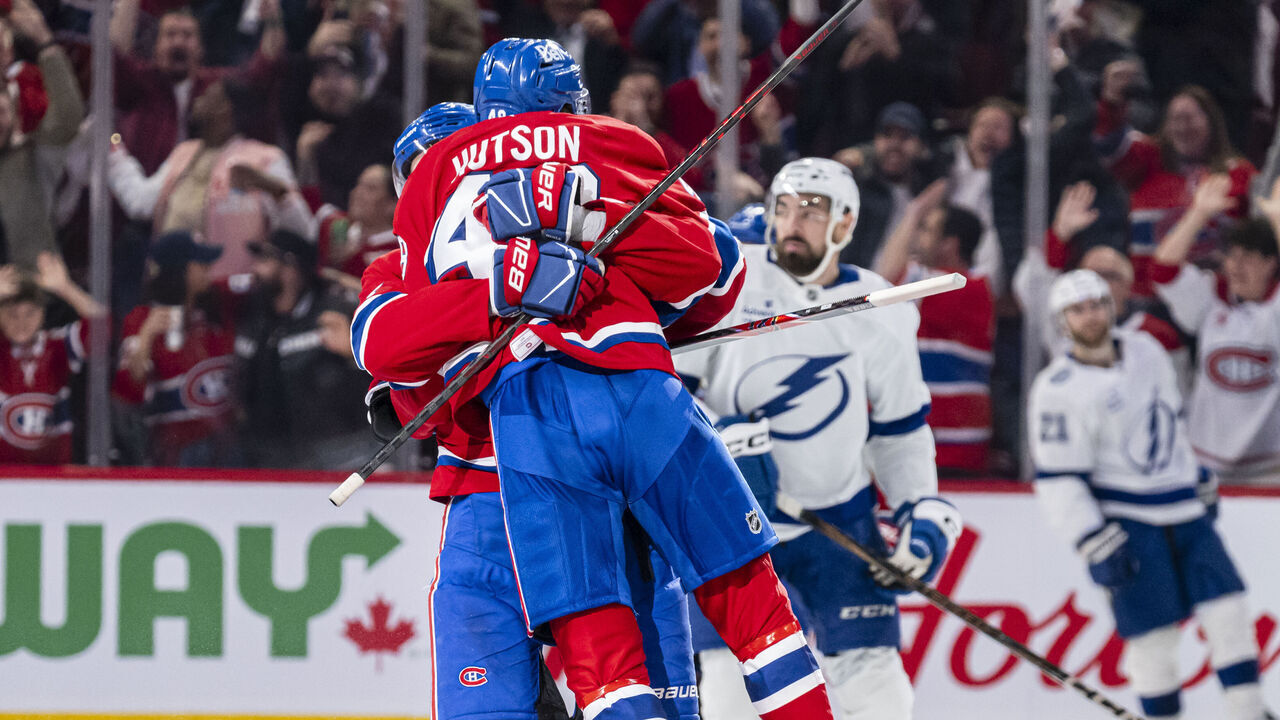 MONTREAL, CANADA- APRIL 24: Lane Hutson #48 of the Montreal Canadiens celebrates after scoring the overtime winner in Game Three of the First Round of the 2026 Stanley Cup Playoffs between the Montreal Canadiens and the Tampa Bay Lightning at the Bell Centre on April 24, 2026 in Montreal, Quebec, Canada.