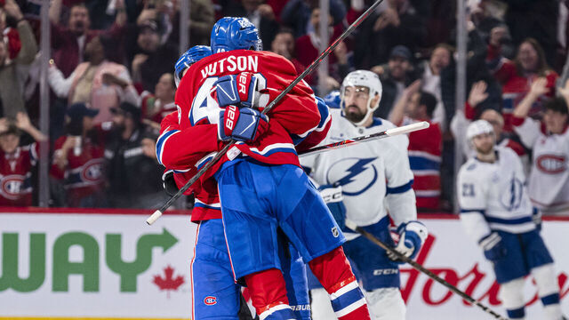 MONTREAL, CANADA- APRIL 24: Lane Hutson #48 of the Montreal Canadiens celebrates after scoring the overtime winner in Game Three of the First Round of the 2026 Stanley Cup Playoffs between the Montreal Canadiens and the Tampa Bay Lightning at the Bell Centre on April 24, 2026 in Montreal, Quebec, Canada.