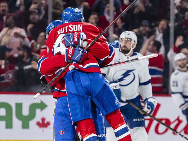 MONTREAL, CANADA- APRIL 24: Lane Hutson #48 of the Montreal Canadiens celebrates after scoring the overtime winner in Game Three of the First Round of the 2026 Stanley Cup Playoffs between the Montreal Canadiens and the Tampa Bay Lightning at the Bell Centre on April 24, 2026 in Montreal, Quebec, Canada.
