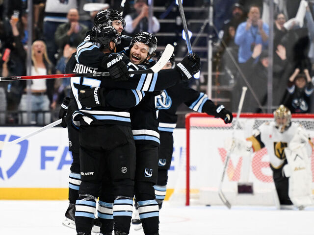 SALT LAKE CITY, UTAH - APRIL 24: Lawson Crouse #67, Clayton Keller #9 and Mikhail Sergachev #98 of the Utah Mammoth celebrate a goal during the second period of Game Three of the First Round of the 2026 Stanley Cup Playoffs against the Vegas Golden Knights at Delta Center on April 24, 2026 in Salt Lake City, Utah.