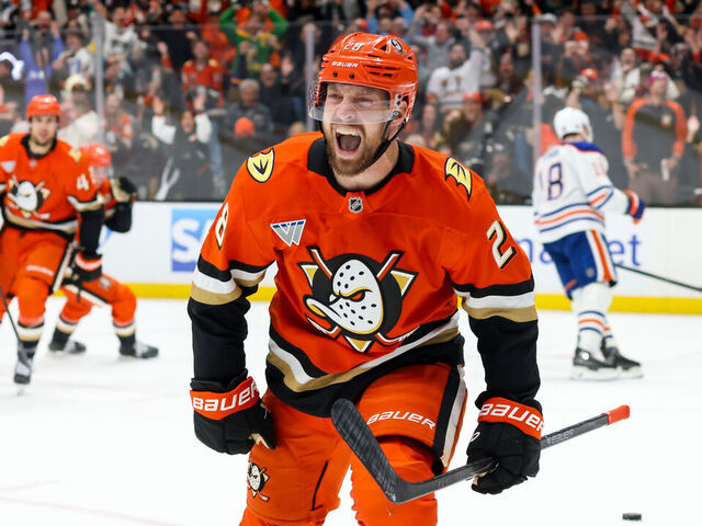 ANAHEIM, CA - APRIL 24: Jeffrey Viel #28 of the Anaheim Ducks celebrates his third-period goal against the Edmonton Oilers during Game Three of the First Round of the 2026 Stanley Cup Playoffs at Honda Center on April 24, 2026 in Anaheim, California.