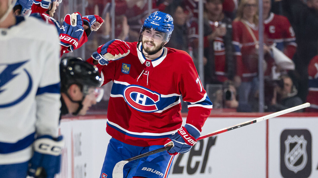 MONTREAL, CANADA- APRIL 24: Kirby Dach #77 of the Montreal Canadiens celebrates a goal with the bench during the second period of Game Three of the First Round of the 2026 Stanley Cup Playoffs between the Montreal Canadiens and the Tampa Bay Lightning at the Bell Centre on April 24, 2026 in Montreal, Quebec, Canada.