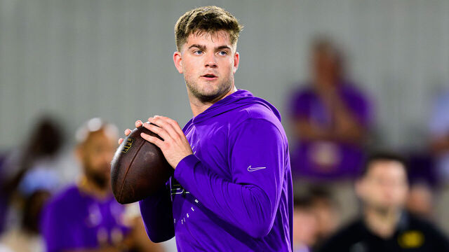 BATON ROUGE, LOUISIANA - MARCH 23: Quarterback Garrett Nussmeier #18 of the LSU Tigers participates in quarterback drills at LSU's Pro Day on March 23, 2026 in Baton Rouge, Louisiana.