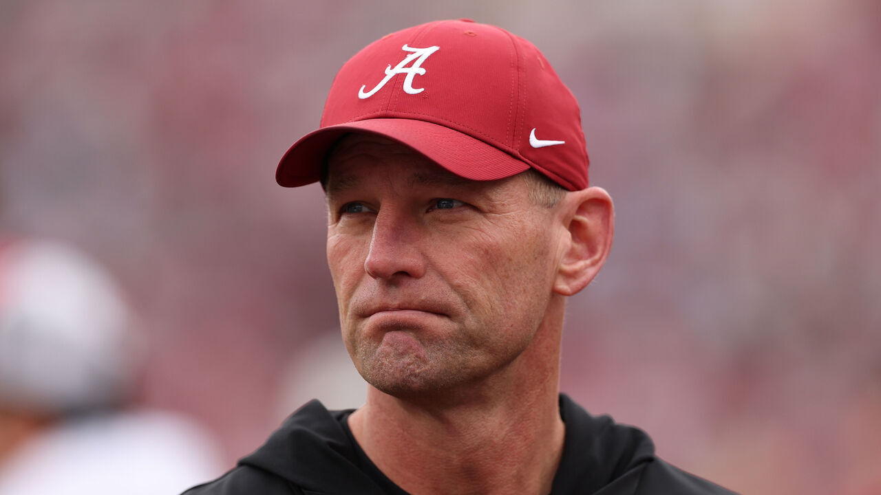 PASADENA, CALIFORNIA - JANUARY 01: Head coach Kalen Deboer of the Alabama Crimson Tide looks on during warm ups prior to the game against the Indiana Hoosiers in the College Football Playoff Quarterfinal at Rose Bowl Stadium on January 01, 2026 in Pasadena, California.