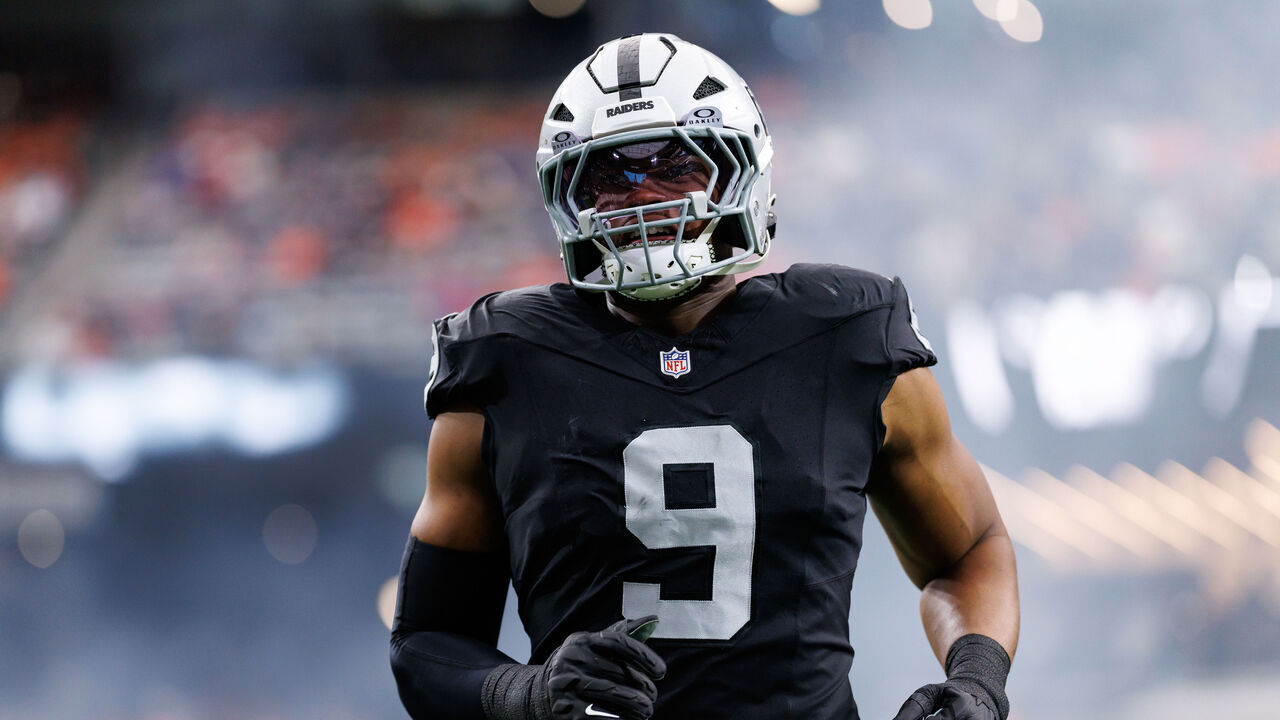 LAS VEGAS, NEVADA - DECEMBER 7: Tyree Wilson #9 of the Las Vegas Raiders enters the field during player introductions prior to an NFL football game against the Denver Broncos at Allegiant Stadium on December 07, 2025 in Las Vegas, Nevada.