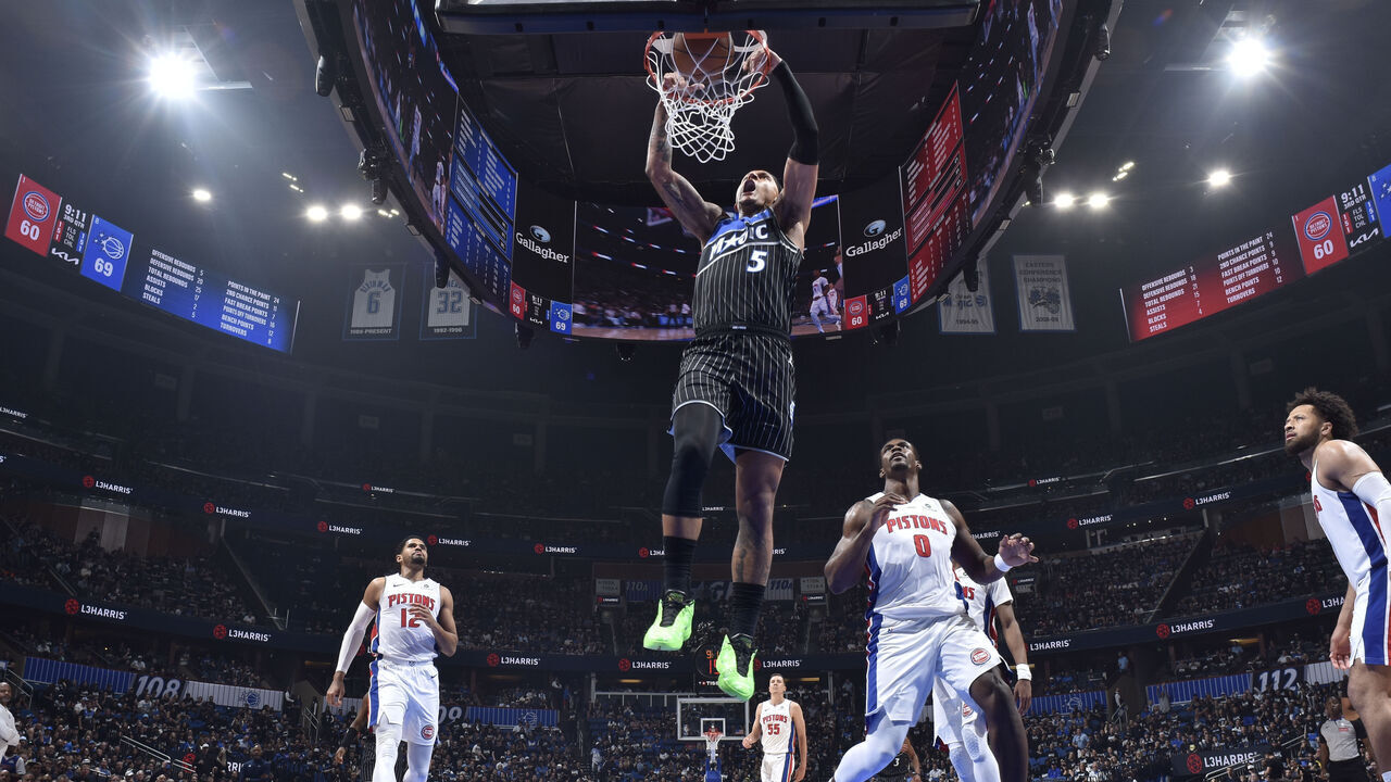 ORLANDO, FL - APRIL 25: Paolo Banchero #5 of the Orlando Magic dunks the ball during the game against the Detroit Pistons during Round One Game Three of the 2026 NBA Playoffs on April 25 2026 at Kia Center in Orlando, Florida. Mandatory Copyright Notice: Copyright 2026 NBAE