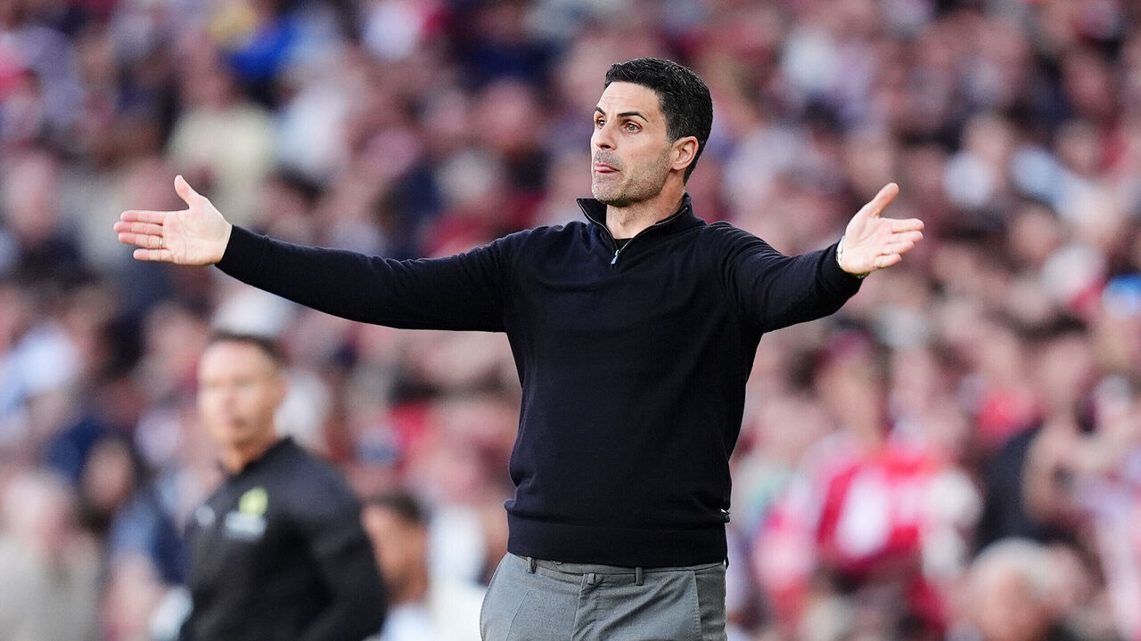 Arsenal manager Mikel Arteta gestures on the touchline during the Premier League match at the Emirates Stadium, London. Picture date: Saturday April 25, 2026.