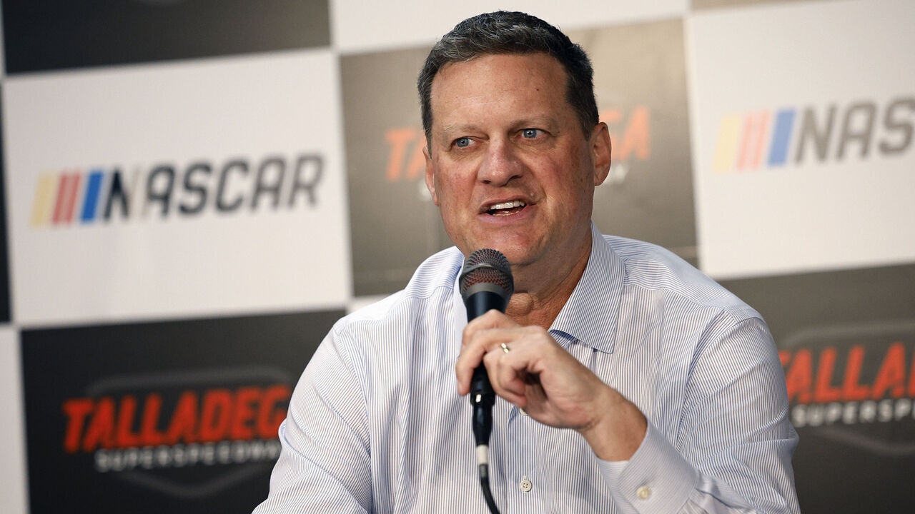 TALLADEGA, ALABAMA - APRIL 25: Steve O’Donnell, NASCAR Chief Executive Officer speaks to the media after the NASCAR leadership announcements during a press conference at Talladega Superspeedway on April 25, 2026 in Talladega, Alabama.