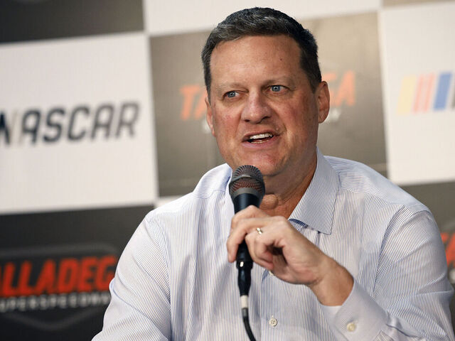 TALLADEGA, ALABAMA - APRIL 25: Steve O’Donnell, NASCAR Chief Executive Officer speaks to the media after the NASCAR leadership announcements during a press conference at Talladega Superspeedway on April 25, 2026 in Talladega, Alabama.
