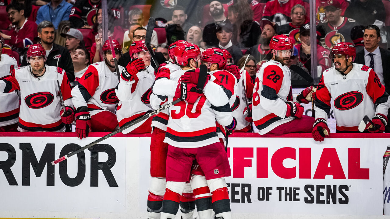 OTTAWA, CANADA - APRIL 25: Taylor Hall #71 of the Carolina Hurricanes reacts with teammates after scoring his teams first goal during the second period of Game Four of the First Round of the 2026 Stanley Cup Playoffs between the Ottawa Senators and the Carolina Hurricanes at Canadian Tire Centre on April 25, 2026 in Ottawa, Ontario, Canada.