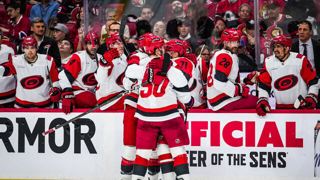 OTTAWA, CANADA - APRIL 25: Taylor Hall #71 of the Carolina Hurricanes reacts with teammates after scoring his teams first goal during the second period of Game Four of the First Round of the 2026 Stanley Cup Playoffs between the Ottawa Senators and the Carolina Hurricanes at Canadian Tire Centre on April 25, 2026 in Ottawa, Ontario, Canada.