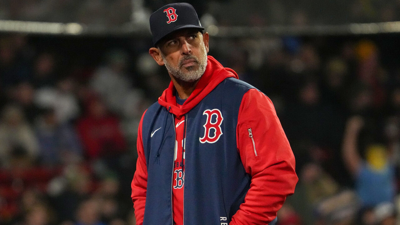 Boston, MA - April 7: Boston Red Sox manager Alex Cora returns to the dugout in the sixth inning. The Red Sox played the Milwaukee Brewers at Fenway Park on April 7, 2026.