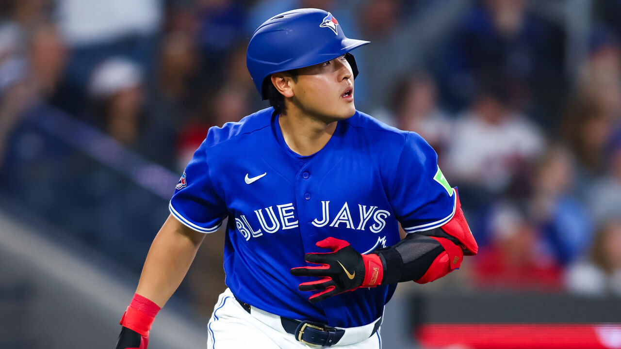 TORONTO, CANADA - APRIL 25: Kazuma Okamoto #7 of the Toronto Blue Jays drops the bat as he watches his solo-home run ball in the fourth inning of their MLB game against the Cleveland Guardians at Rogers Centre on April 25, 2026 in Toronto, Ontario, Canada.