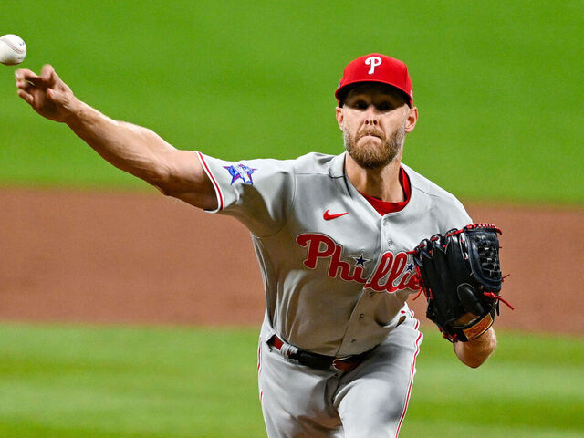 ATLANTA, GA - APRIL 25: Philadelphia pitcher Zack Wheeler (45) pitches during the MLB game between the Philadelphia Phillies and the Atlanta Braves on April 25th, 2026 at Truist Park in Atlanta, GA.