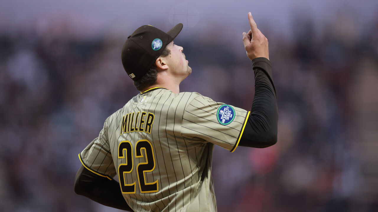 MEXICO CITY, MEXICO - APRIL 25: Mason Miller #22 of the San Diego Padres celebrates after winning the MLB Mexico City Series game between San Diego Padres and Arizona Diamondbacks at Estadio Alfredo Harp Helú on April 25, 2026 in Mexico City, Mexico.
