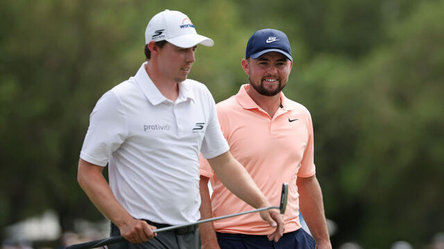 AVONDALE, LOUISIANA - APRIL 25: Matt Fitzpatrick (L) of England and partner Alex Fitzpatrick of England react as they leave the ninth green during the third round of the Zurich Classic of New Orleans 2026 at TPC Louisiana on April 25, 2026 in Avondale, Louisiana.