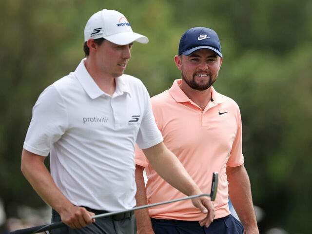 AVONDALE, LOUISIANA - APRIL 25: Matt Fitzpatrick (L) of England and partner Alex Fitzpatrick of England react as they leave the ninth green during the third round of the Zurich Classic of New Orleans 2026 at TPC Louisiana on April 25, 2026 in Avondale, Louisiana.