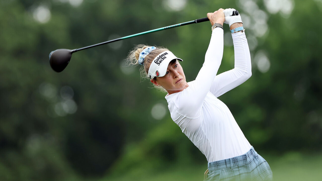 HOUSTON, TEXAS - APRIL 25: Nelly Korda of the United States plays her shot from the fifth tee during the third round of The Chevron Championship 2026 at Memorial Park Golf Course on April 25, 2026 in Houston, Texas.