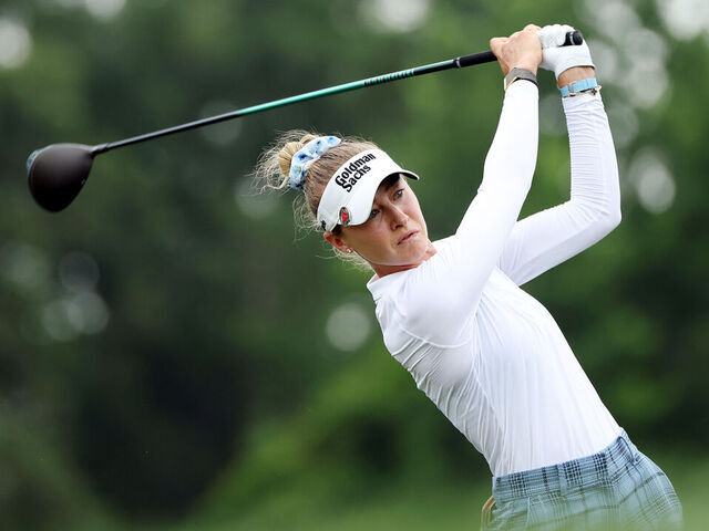 HOUSTON, TEXAS - APRIL 25: Nelly Korda of the United States plays her shot from the fifth tee during the third round of The Chevron Championship 2026 at Memorial Park Golf Course on April 25, 2026 in Houston, Texas.