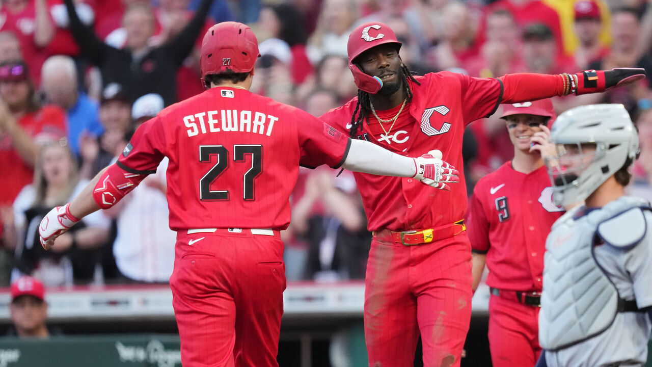 CINCINNATI, OHIO - APRIL 25: Sal Stewart #27 and Elly De La Cruz #44 of the Cincinnati Reds celebrate after Stewart hit a home run during the first inning against the Detroit Tigers at Great American Ball Park on April 25, 2026 in Cincinnati, Ohio.