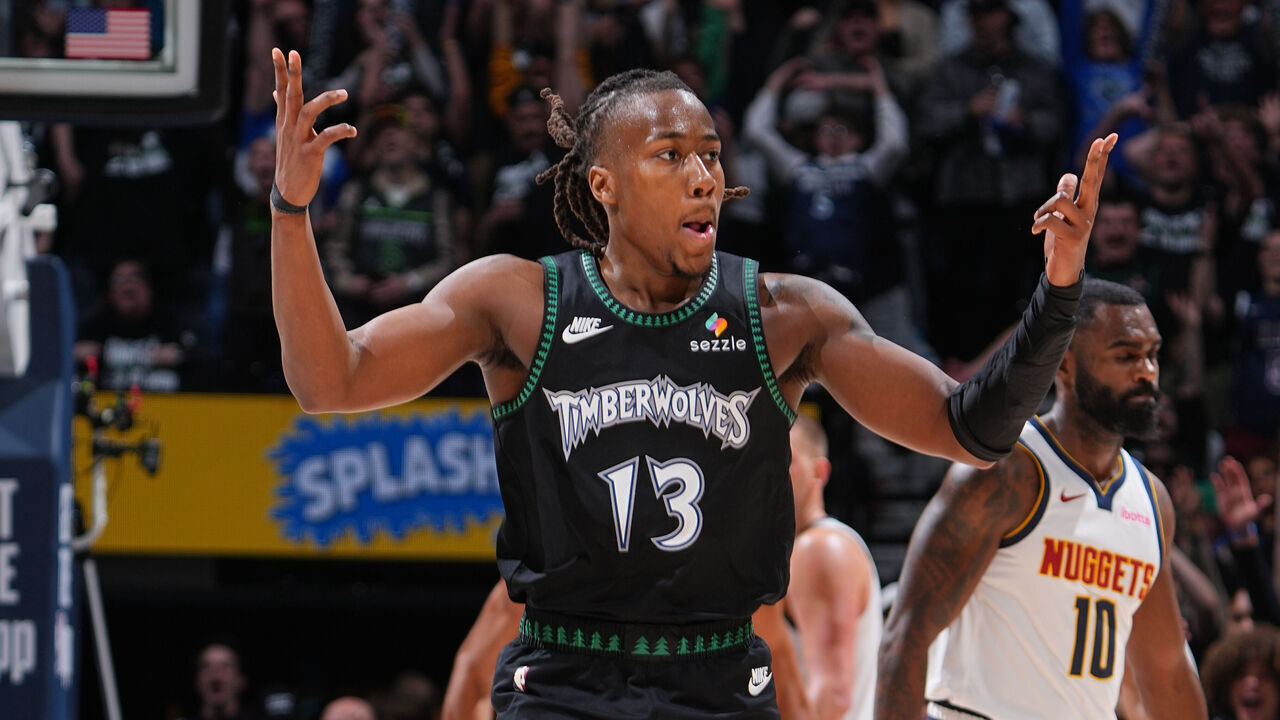 MINNEAPOLIS, MN - APRIL 25: Ayo Dosunmu #13 of the Minnesota Timberwolves celebrates during the game against the Denver Nuggets during Round One Game Four of the 2026 NBA Playoffs on April 25, 2026 at Target Center in Minneapolis, Minnesota. Mandatory Copyright Notice: Copyright 2026 NBAE