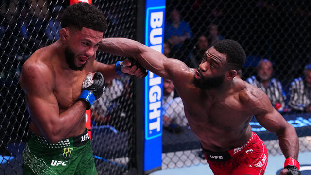 LAS VEGAS, NEVADA - APRIL 25: (R-L) Aljamain Sterling punches Youssef Zalal of Morocco in a featherweight fight during the UFC Fight Night event at Meta APEX on April 25, 2026 in Las Vegas, Nevada.